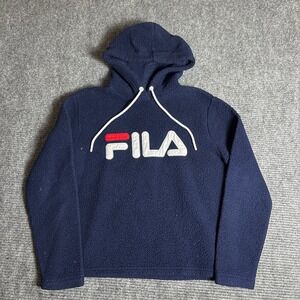 Fila Sherpa Fleece Hoodie‎ Navy Blue Mens Pullover Logo Casual Size S